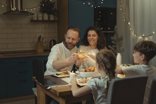 image of a family enjoying a themed dinner over video call