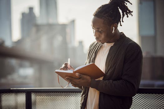 man writing in a journal outdoors